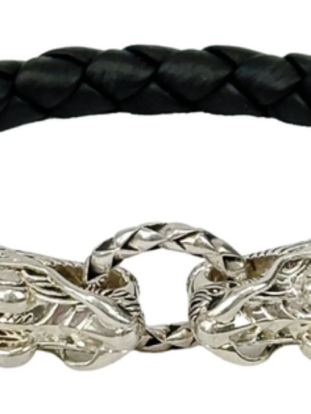 JOHN HARDY Sterling Silver Dragon Naga Woven Leather Bracelet Black Unisex 7”